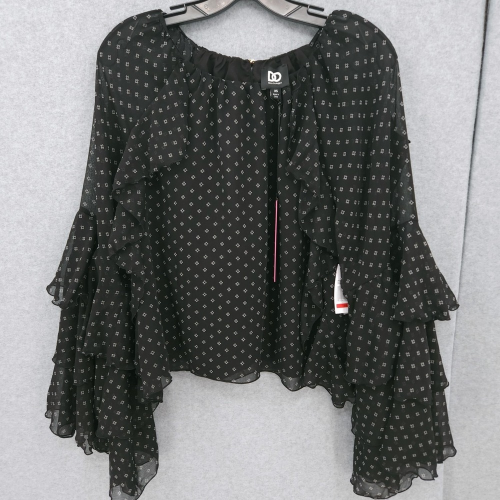 Dee Ocleppo Jovanna Ruffle Sleeve Black Pullover Scoop Neck Top Womens Size M